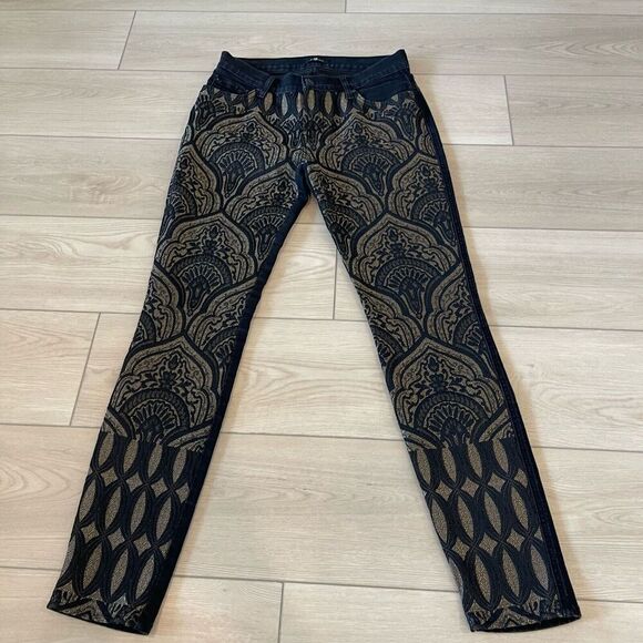 7 For All Mankind‎ 29 Black and Gold Brocade Skinny Leg Jeans Festive Boho Artsy - Picture 1 of 11